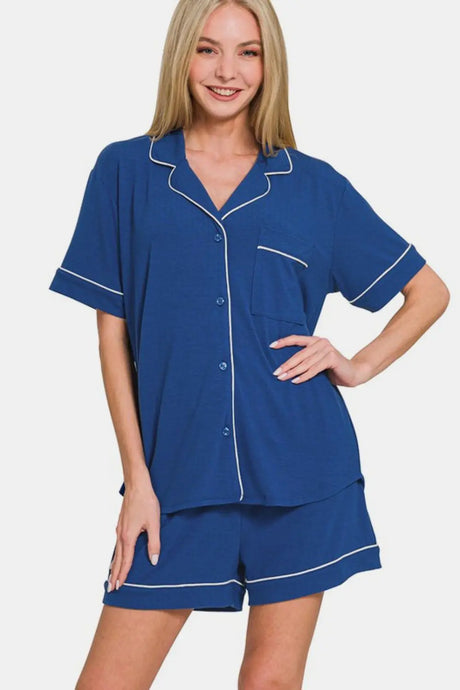 Zenana Button Down Short Sleeve Top and Shorts Lounge Set | Hanalas