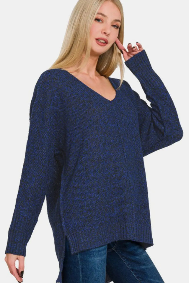 Zenana High-Low Center Seam V-Neck Sweater | Hanalas