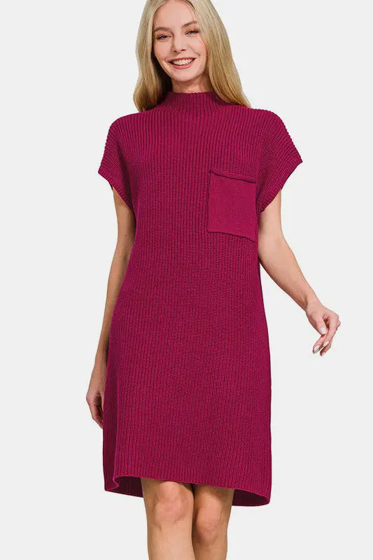 Zenana Mock Neck Short Sleeve Sweater Dress | Hanalas