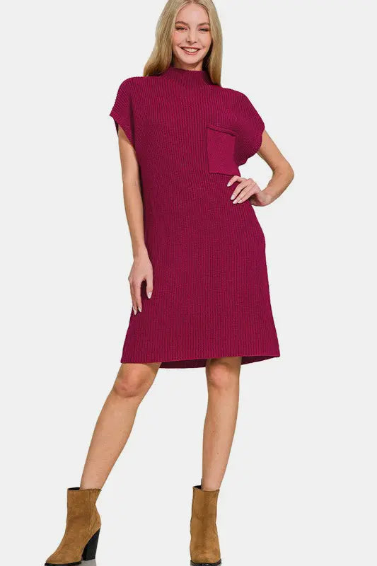 Zenana Mock Neck Short Sleeve Sweater Dress | Hanalas