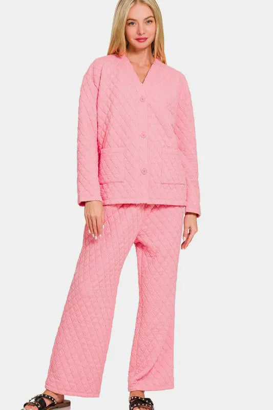 Zenana Quilted Button Up Long Sleeve Top and Pants Lounge Set | Hanalas