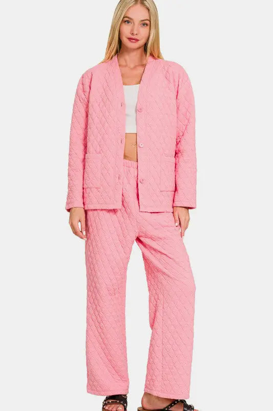 Zenana Quilted Button Up Long Sleeve Top and Pants Lounge Set | Hanalas