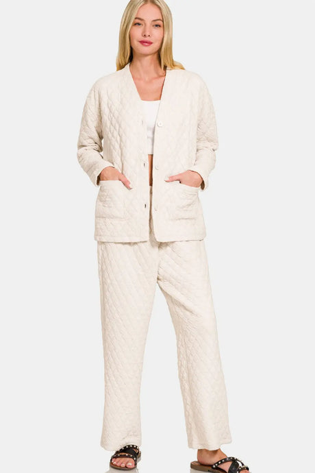 Zenana Quilted Button Up Long Sleeve Top and Pants Lounge Set | Hanalas