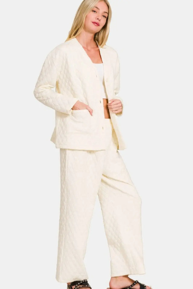 Zenana Quilted Button Up Long Sleeve Top and Pants Lounge Set | Hanalas