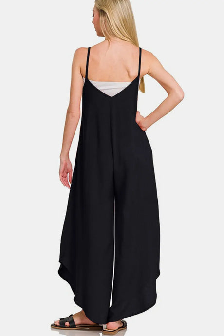 Zenana Spaghetti Strap Wide Leg Overalls with Pockets | Hanalas