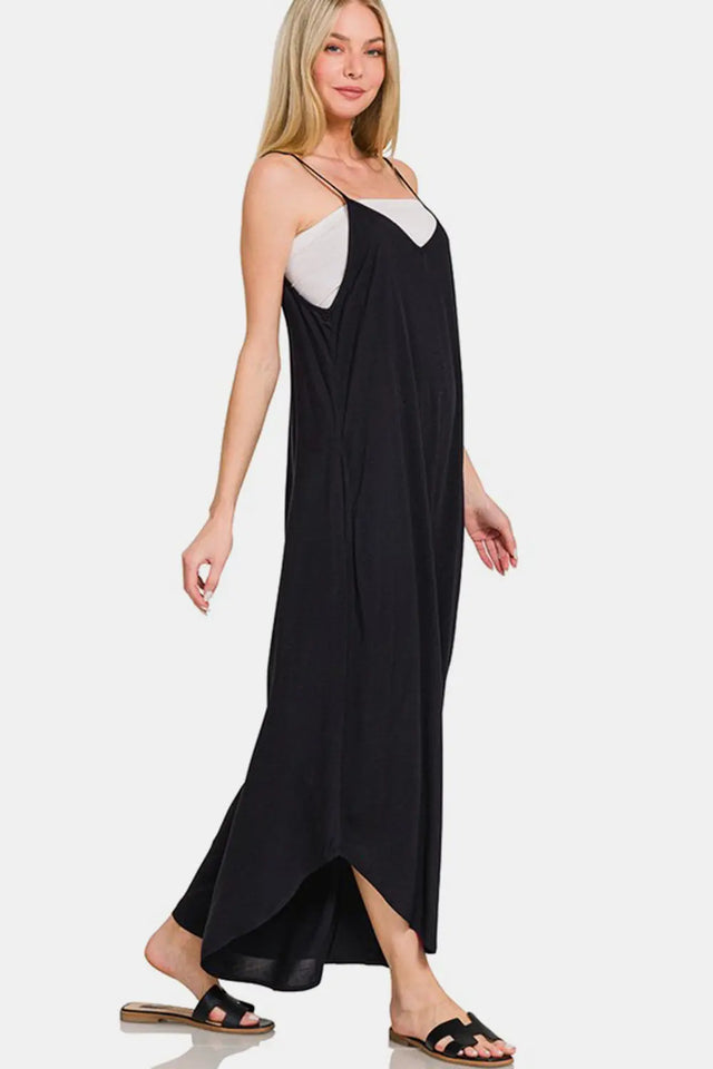 Zenana Spaghetti Strap Wide Leg Overalls with Pockets | Hanalas