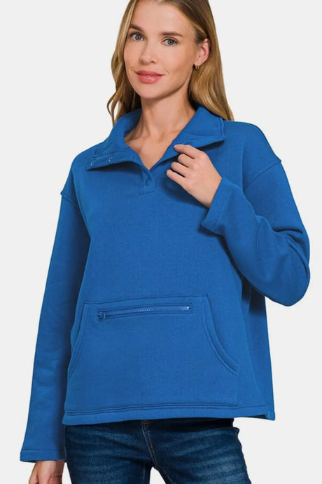 Zenana Turtleneck Half Snap Fleece Sweatshirt | Hanalas