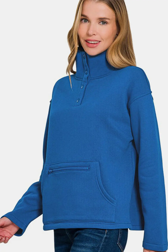 Zenana Turtleneck Half Snap Fleece Sweatshirt | Hanalas