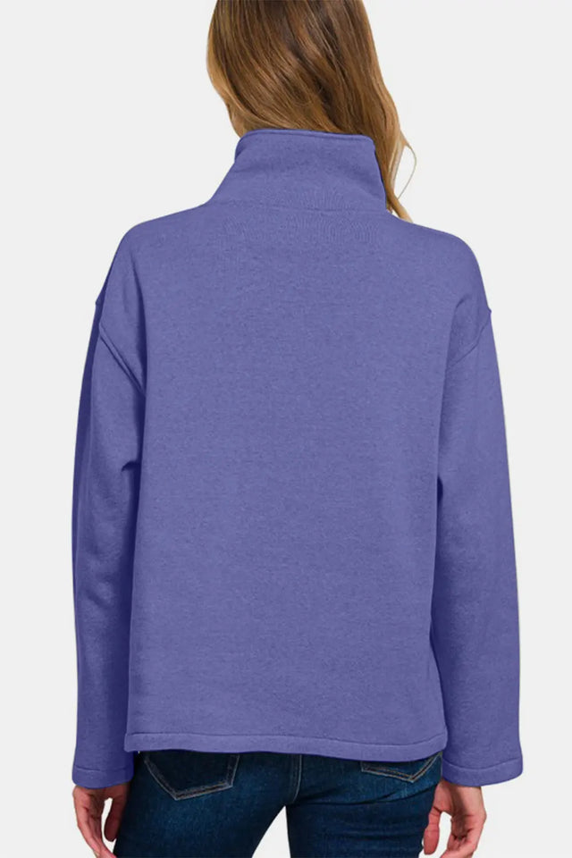 Zenana Turtleneck Half Snap Fleece Sweatshirt | Hanalas