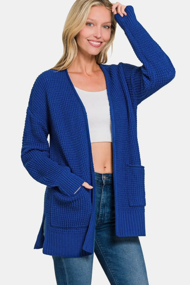 Zenana Waffle Open Front Sweater Cardigan Trendsi Hanalas