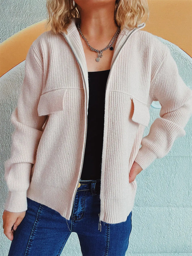 Zip Up Collared Neck Long Sleeve Cardigan Trendsi Hanalas