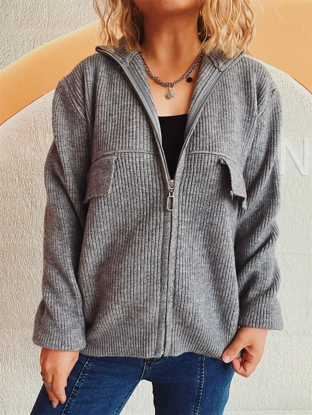 Zip Up Collared Neck Long Sleeve Cardigan Trendsi Hanalas