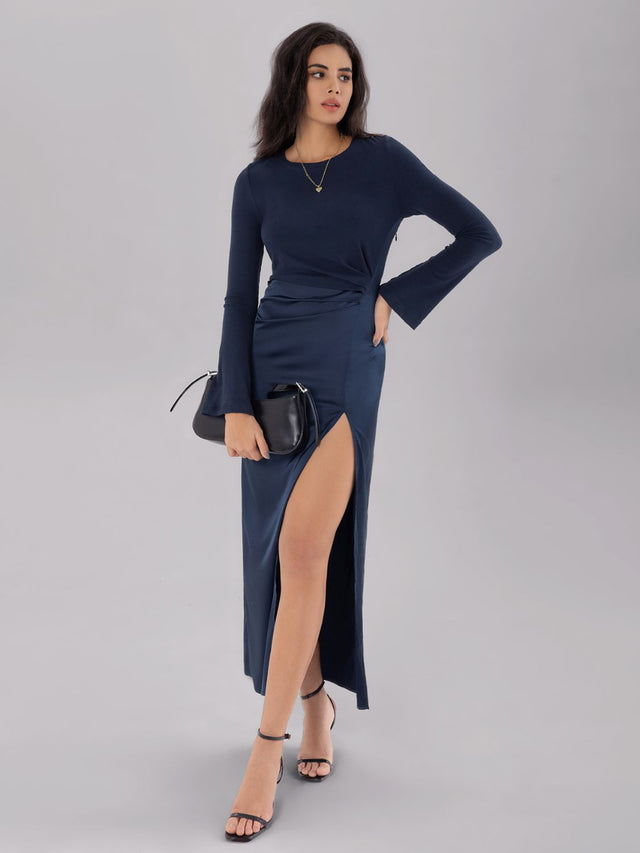 Split Round Neck Long Sleeve Midi Dress Trendsi Hanalas