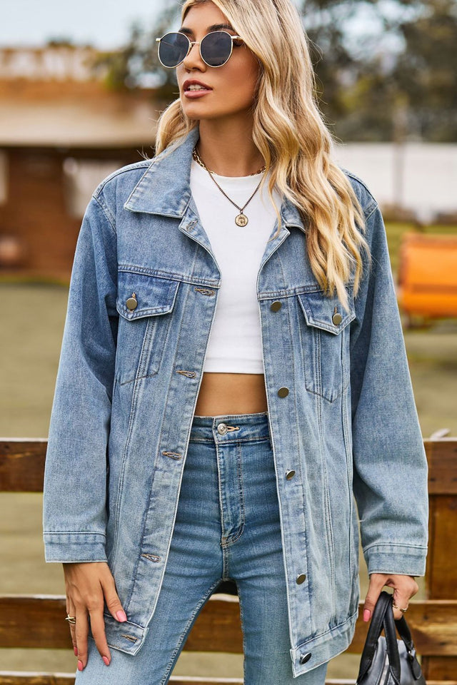 Buttoned Collared Neck Denim Jacket with Pockets Trendsi Hanalas