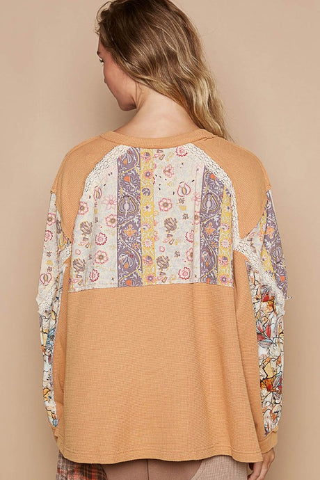 POL Waffle-Knit Lace Detail Round Neck Top | Hanalas