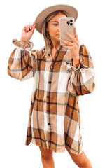 Khaki Western Plaid Button Up Loose Shirt Dress