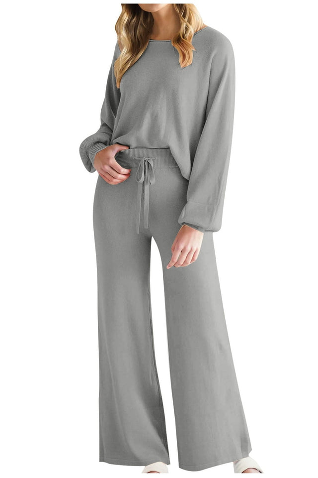 Round Neck Long Sleeve Top and Pants Set | Hanalas