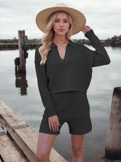Johnny Collar Long Sleeve Top and Shorts Sweater Set | Hanalas