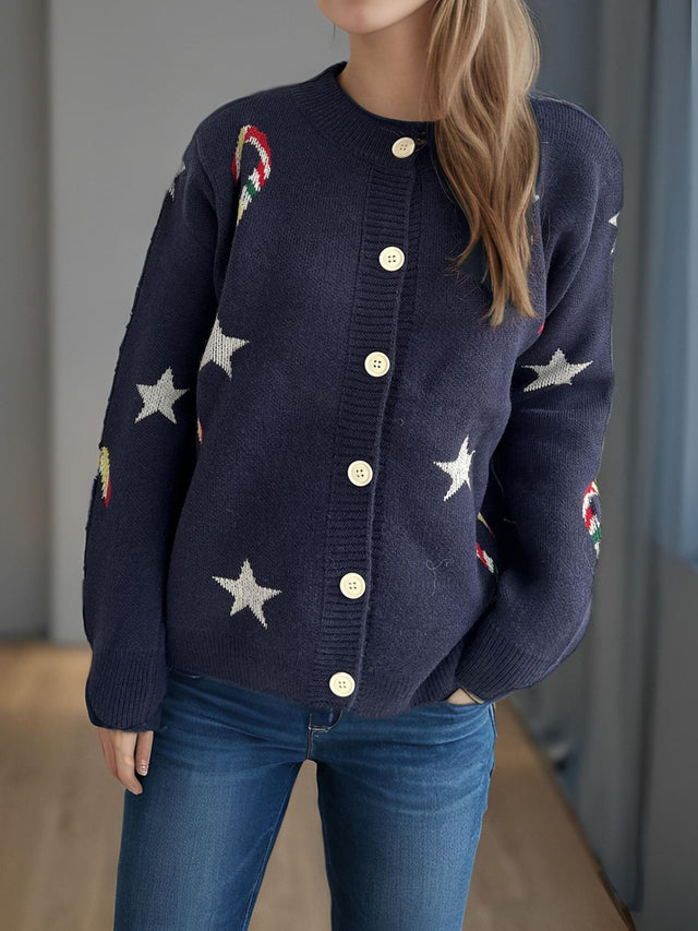 Candy Cane & Star Button Down Long Sleeve Cardigan Trendsi Hanalas