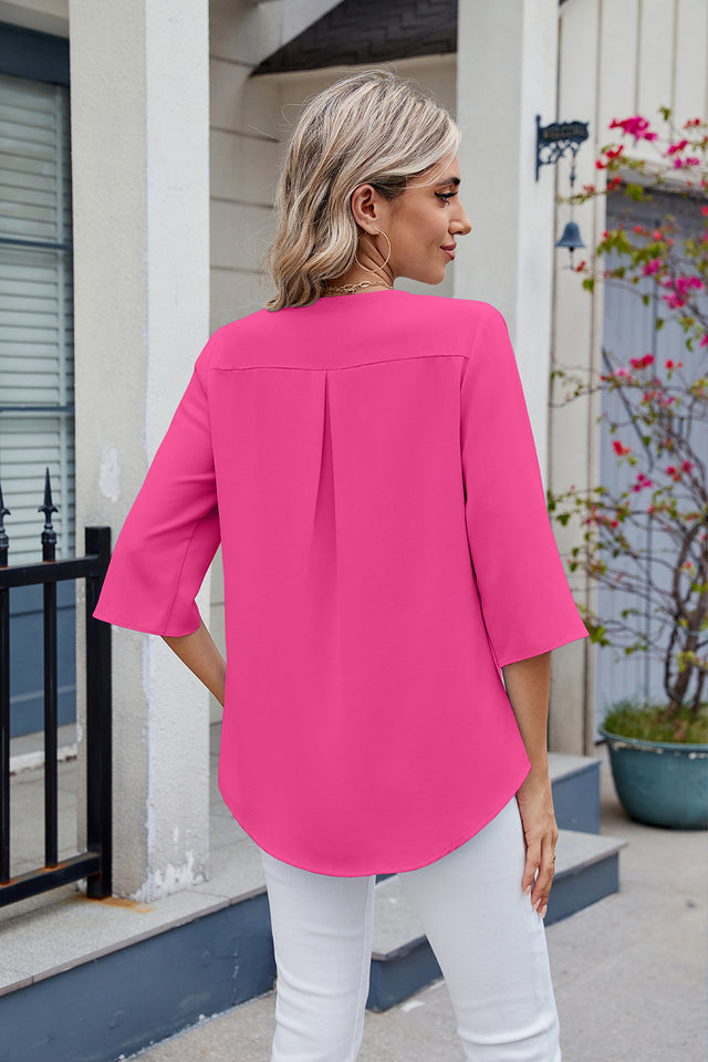 Ruffled V-Neck Three-Quarter Sleeve Blouse | Hanalas