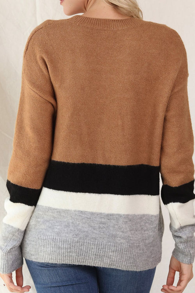 Color Block Round Neck Dropped Shoulder Sweater | Hanalas