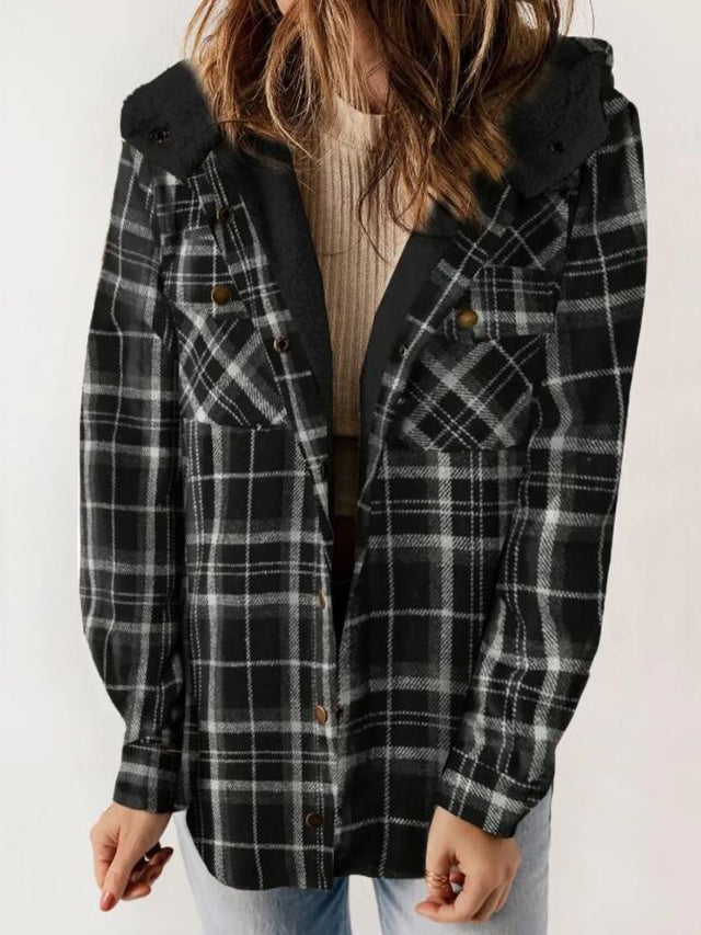 Plaid Snap Down Plush Hooded Jacket | Hanalas