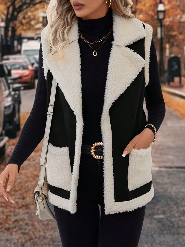 Full Size Contrast Open Front Sherpa Vest Coat | Hanalas