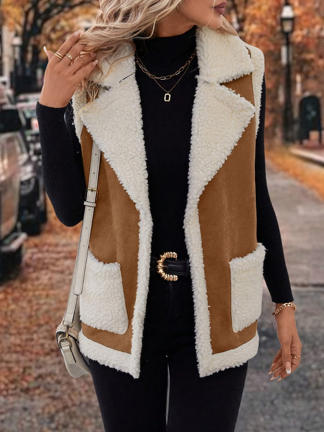 Full Size Contrast Open Front Sherpa Vest Coat | Hanalas