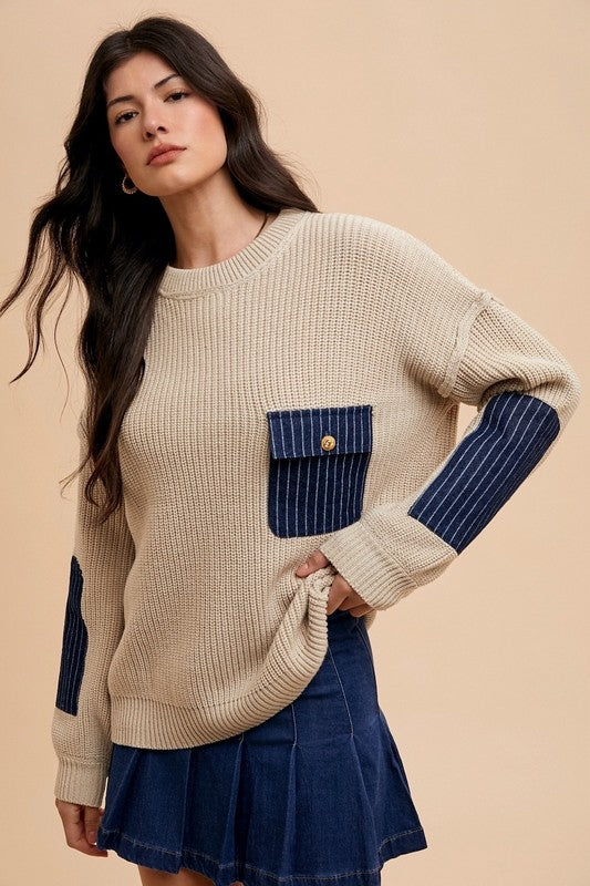 Annie Wear Contrast Round Neck Drop Shoulder Sweater with Patch Pocket | Hanalas