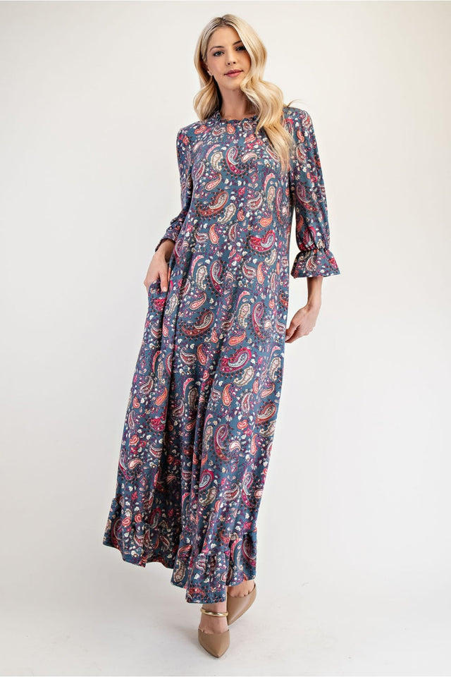 Celeste Full Size Ruffle Hem Paisley Round Neck Dress | Hanalas