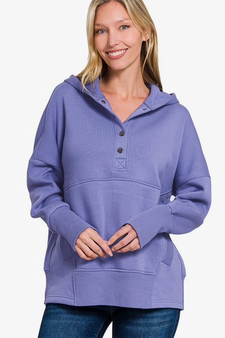 Zenana Half Snap Long Sleeve Hoodie with Kangaroo Pocket | Hanalas