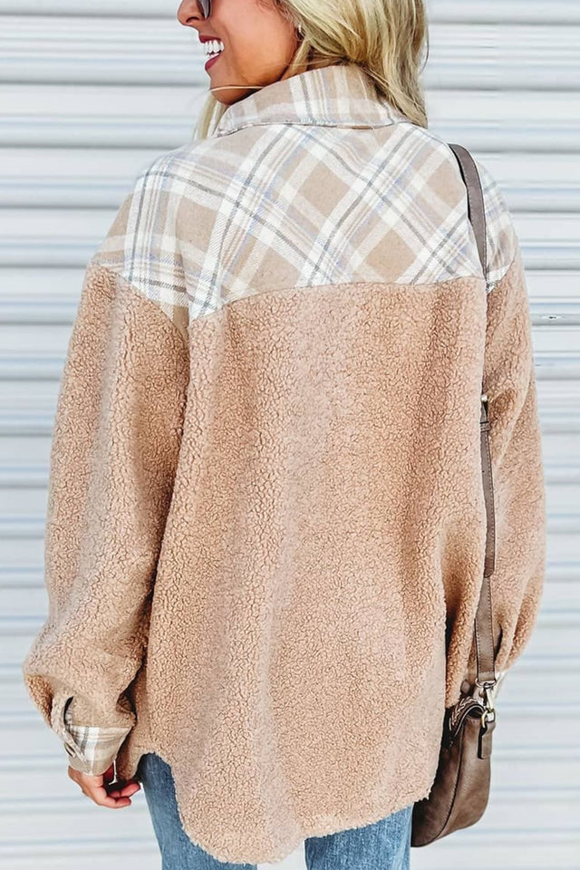 Pocketed Plaid Collared Neck Sherpa Jacket | Hanalas