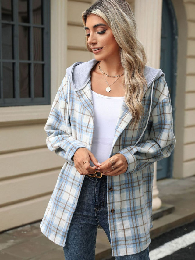 Drawstring Plaid Button Up Hooded Jacket Trendsi Hanalas