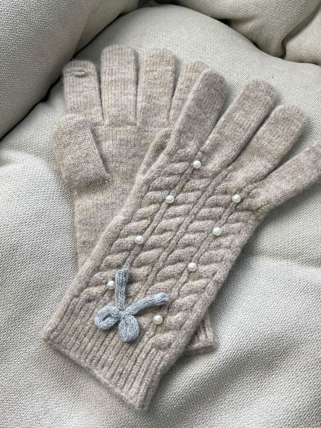 Thermal Pearl Detail Bow Five-Finger Gloves | Hanalas