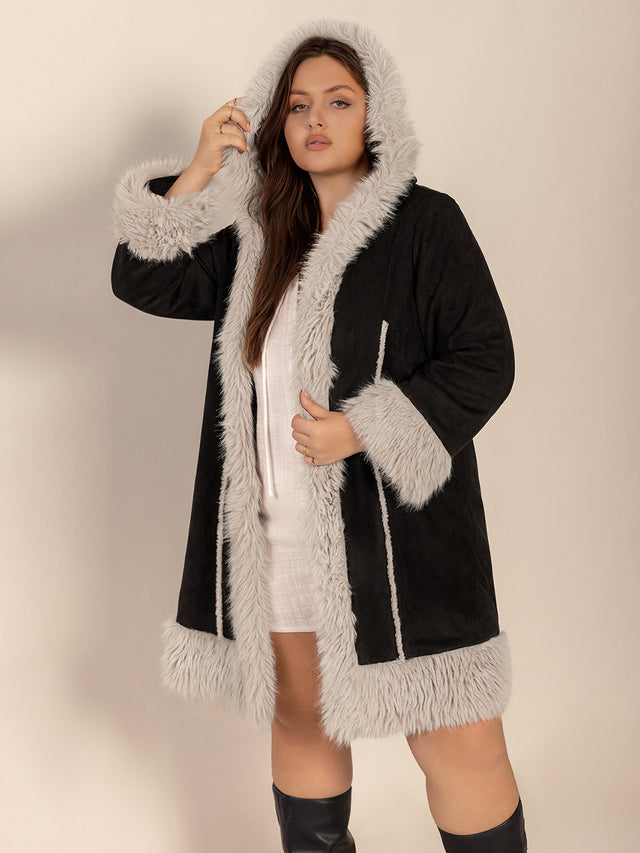 Plus Size Fuzzy Trim Open Front Long Sleeve Hooded Coat Trendsi Hanalas