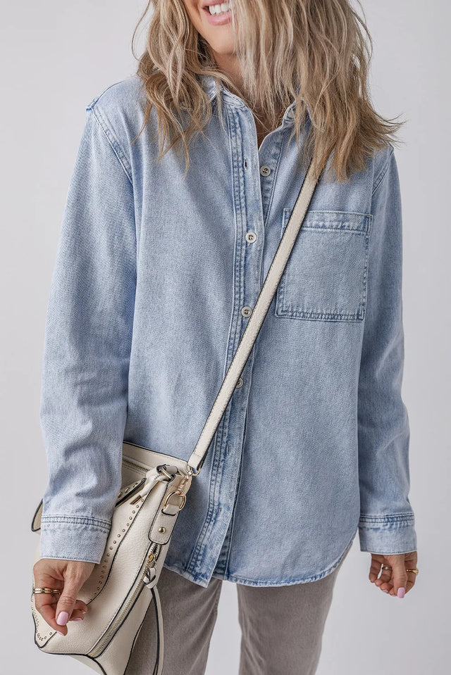 Pocketed Collared Neck Denim Top Trendsi Hanalas