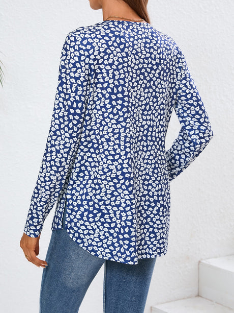 Quarter Button Printed Round Neck Long Sleeve Top | Hanalas