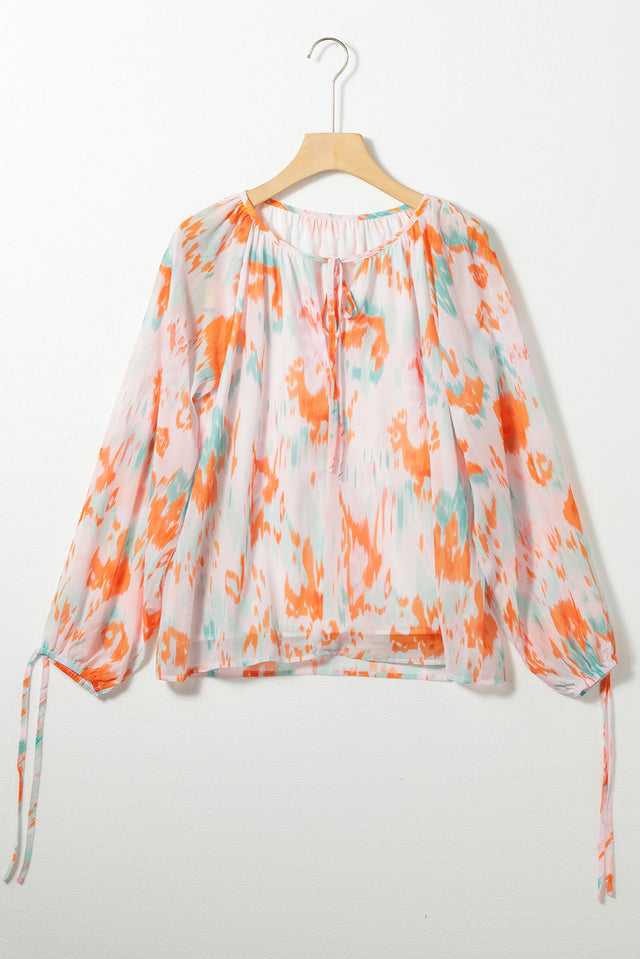 Printed Tie Neck Long Sleeve Blouse | Hanalas