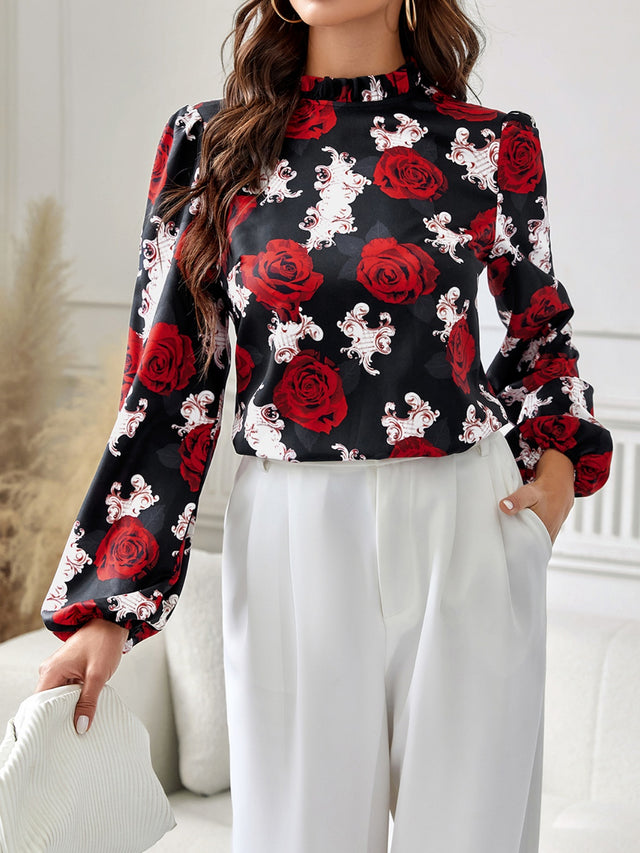 Frill Floral Mock Neck Long Sleeve Top | Hanalas