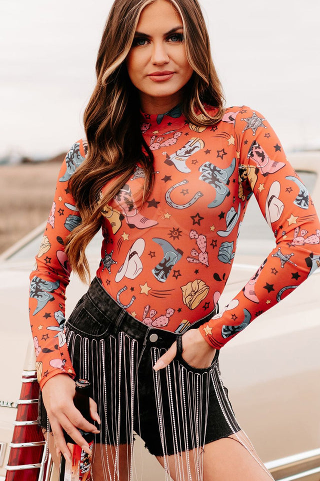 Printed Mock Neck Long Sleeve Bodysuit | Hanalas