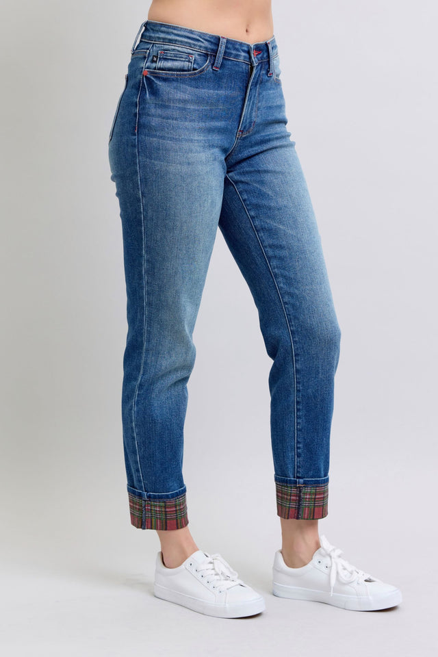 Judy Blue Full Size Plaid Print Cuff Straight Leg Jeans with Pockets | Hanalas