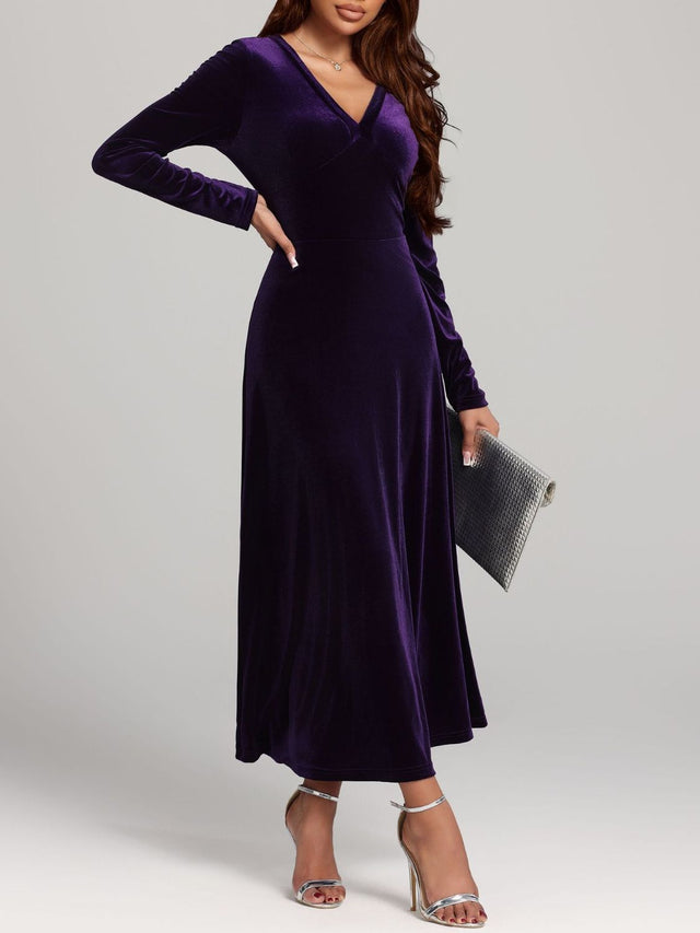 V-Neck Long Sleeve Velvet Dress | Hanalas