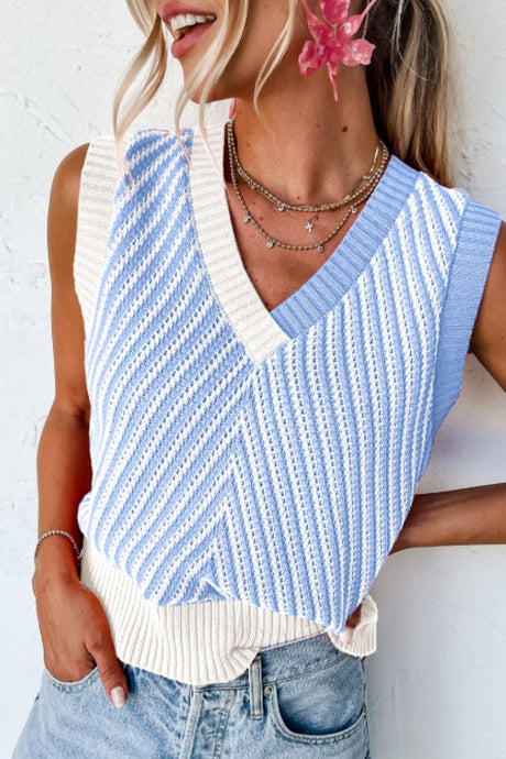 Striped Contrast V-Neck Sweater Vest | Hanalas