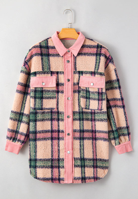 Fuzzy Plaid Corduroy Patchwork Shacket | Hanalas