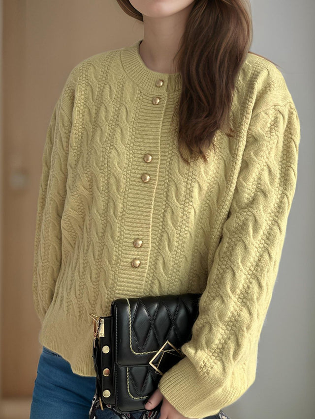 Cable-Knit Round Neck Long Sleeve Cardigan Trendsi Hanalas