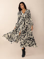 Tied Printed V-Neck Long Sleeve Midi Dress Trendsi Hanalas