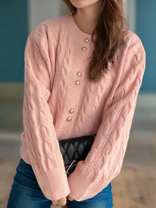 Cable-Knit Round Neck Long Sleeve Cardigan Trendsi Hanalas