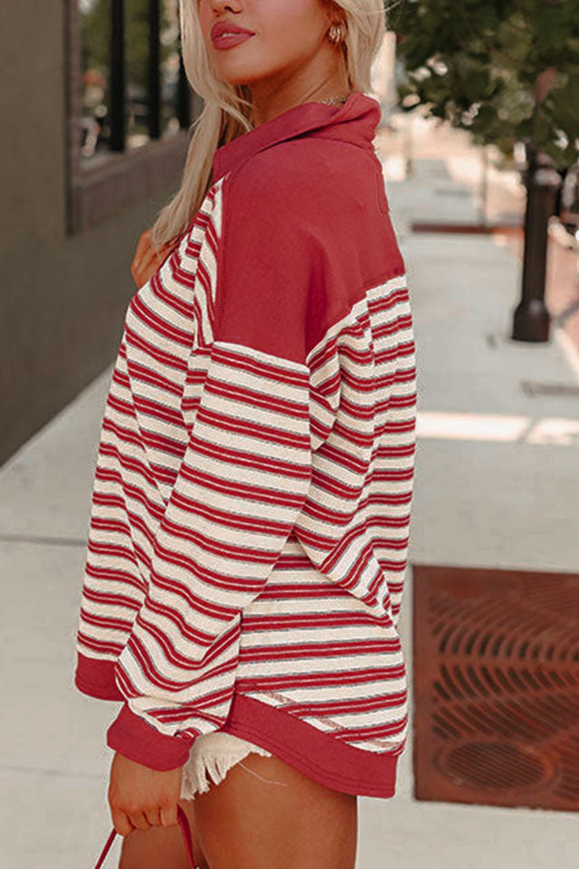 Stripe Johnny Collar Drop Shoulder Sweatshirt | Hanalas