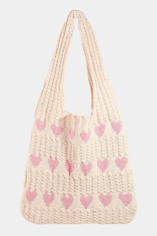 Fame Contrast Heart Crochet Tote Bag | Hanalas