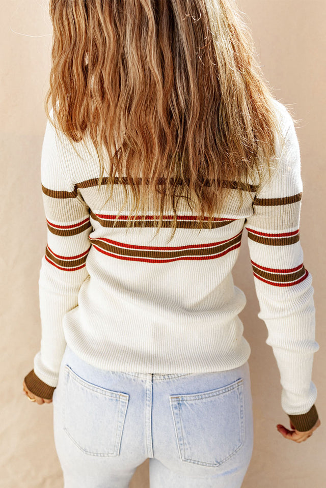 Half Button Contrast Stripe Long Sleeve Knit Top | Hanalas